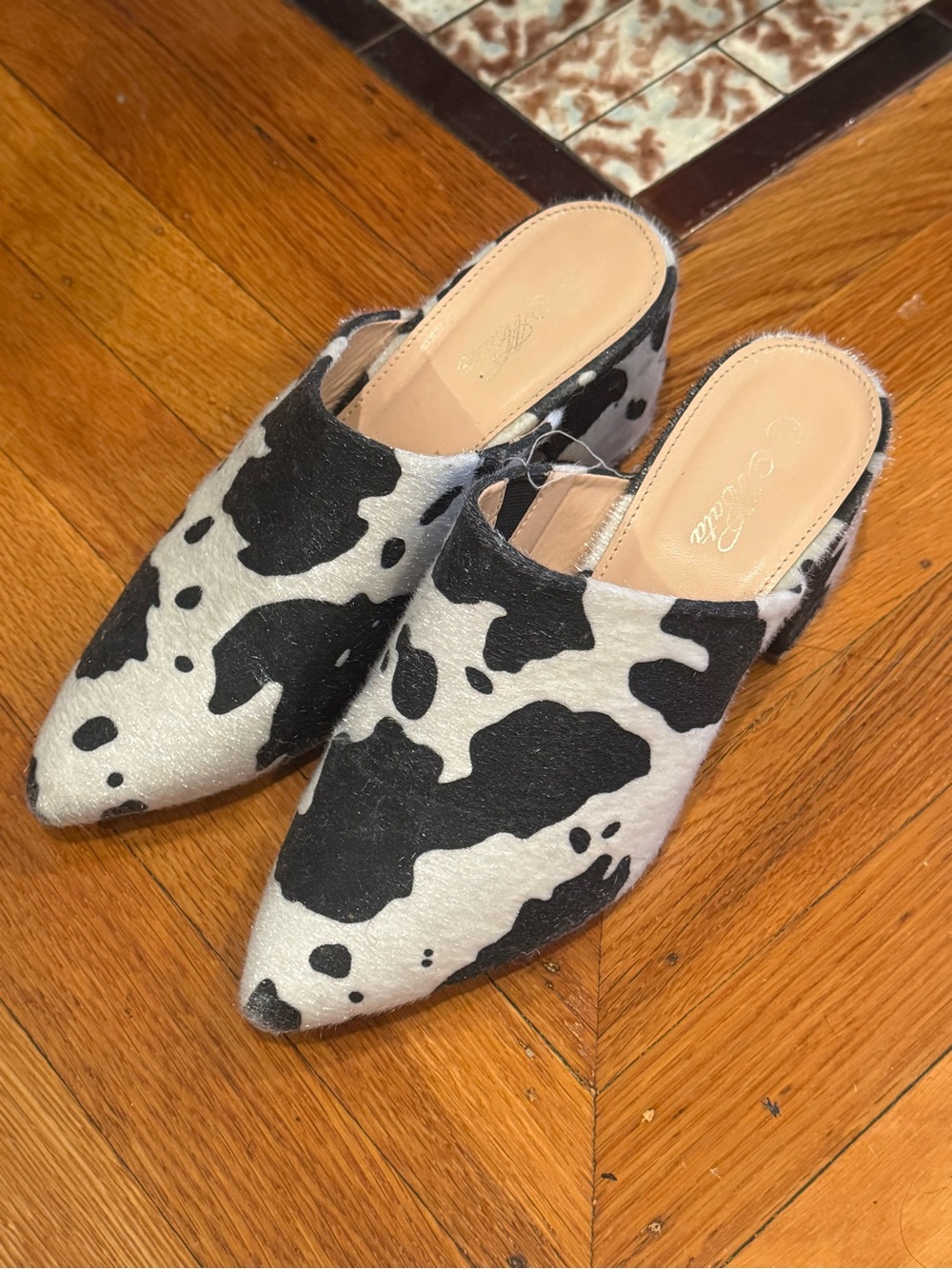 Fuzzy Cow Print Pointed Toe Mules